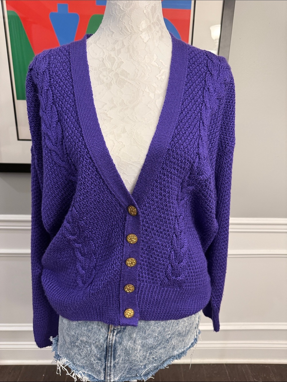 Deep Purple V-Neck Cable Knit Button Cardigan Sweater